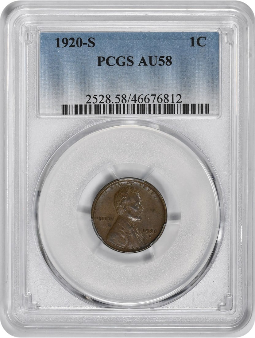 PCGS AU58 1920 S Lincoln Wheat Small Cent: PCGS AU58 1920 S Lincoln Wheat Small Cent 1920-S Lincoln Wheat Small Cent graded AU58 by PCGS. This pre-owned United States copper coin is a circulated example of the classic Lincoln cent series. Spec