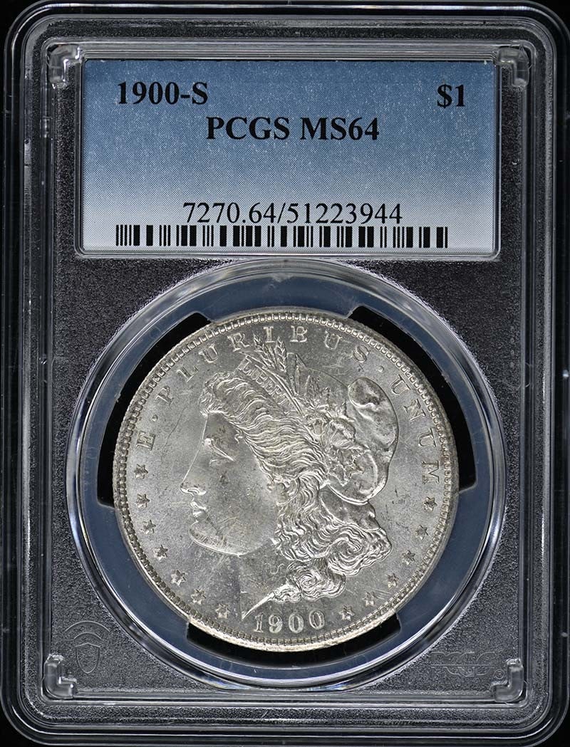1900-S Morgan Dollar PCGS MS64 Uncirculated San Francisco: 1900-S Morgan Dollar PCGS MS64 Uncirculated San Francisco This 1900-S Morgan Dollar is a stunning piece, certified by PCGS with a grade of MS64, indicating it is in uncirculated condition. Minted in S