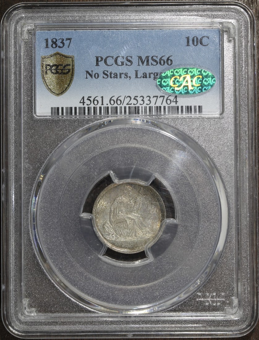 1837 Seated Liberty Dime 10C PCGS MS66 CAC Large Date No Stars: 1837 Seated Liberty Dime 10C PCGS MS66 CAC Large Date No Stars 1837 Seated Liberty dime with the Large Date, No Stars variety. This silver 10C coin is graded MS66 by PCGS and has a CAC designation. Pr