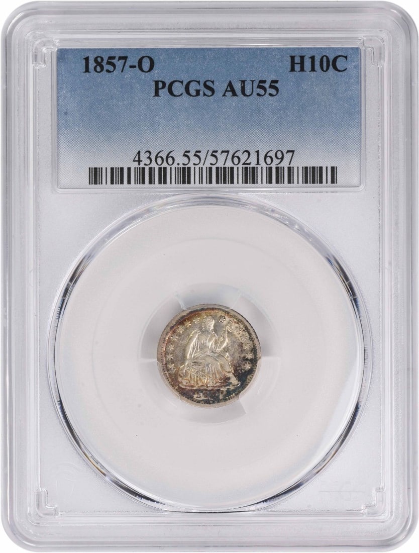 1857-O Liberty Seated Half Dime AU55 PCGS Toned Silver Coin: 1857-O Liberty Seated Half Dime AU55 PCGS Toned Silver Coin This 1857-O Liberty Seated Silver Half Dime is graded AU55 by PCGS and features a beautiful toning. Minted in New Orleans, this half dime is