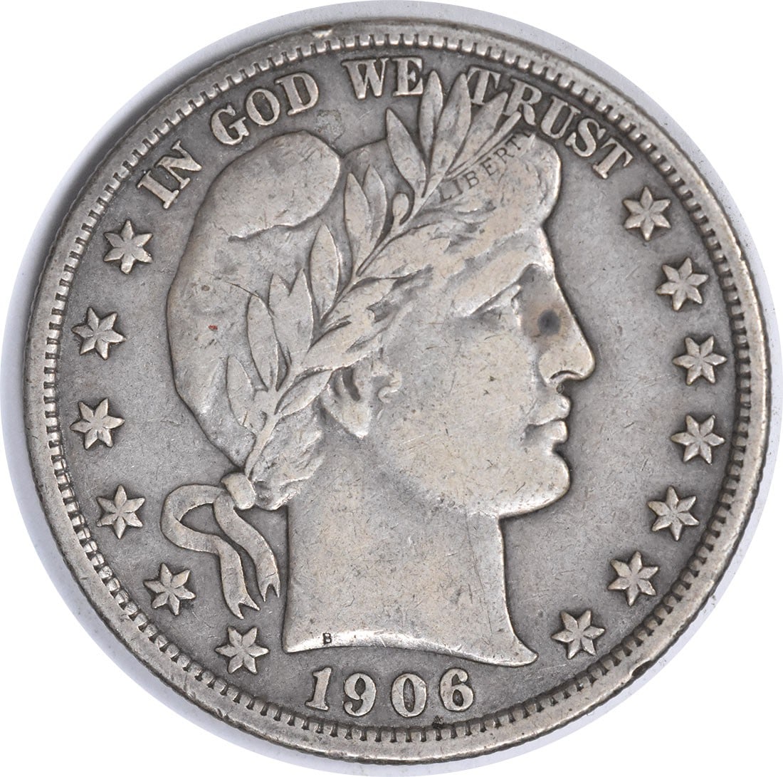 1906 D 50C Barber Half Dollar Silver VF Uncertified: 1906 D 50C Barber Half Dollar Silver VF Uncertified 1906-D Barber half dollar in circulated, pre-owned condition with a VF grade. This uncertified United States 50C coin is composed of silver. Specifi