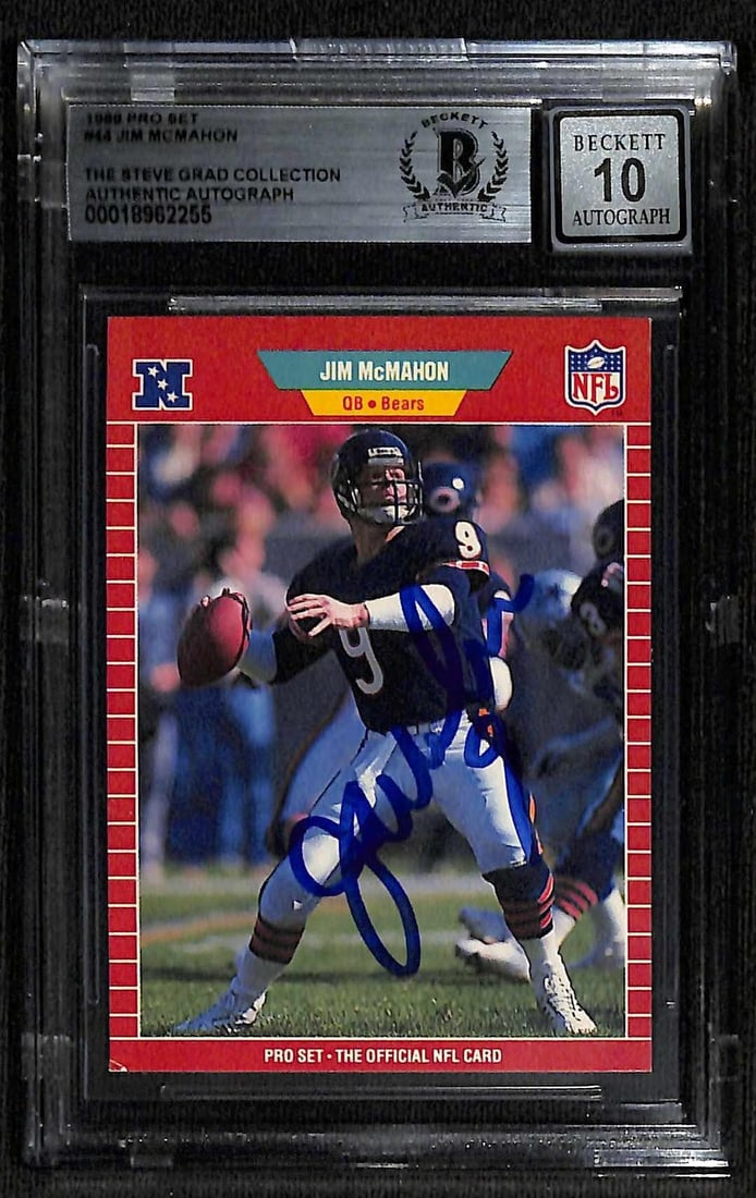1989 Pro Set Jim McMahon Bears card Beckett Auto 10: 1989 Pro Set Jim McMahon Bears card Beckett Auto 10 This 1989 Pro Set Chicago Bears football card features a bold, hand-signed autograph by Jim McMahon, the legendary quarterback known for leading the