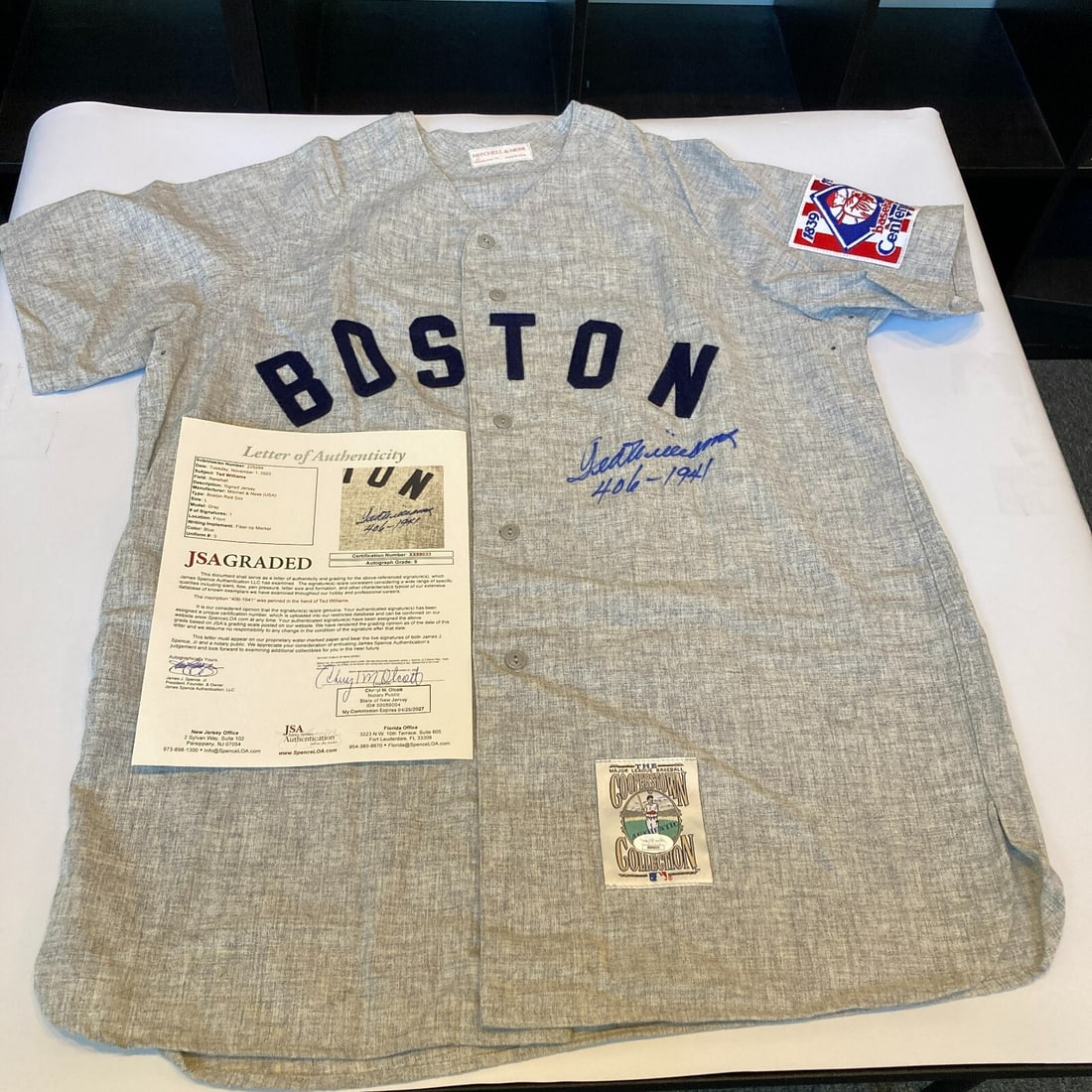 Ted Williams signed Boston Red Sox jersey JSA MINT 9 1941: Ted Williams signed Boston Red Sox jersey JSA MINT 9 1941 This is an original Boston Red Sox jersey signed by legendary player Ted Williams, commemorating his remarkable .406 batting average in 1941. 