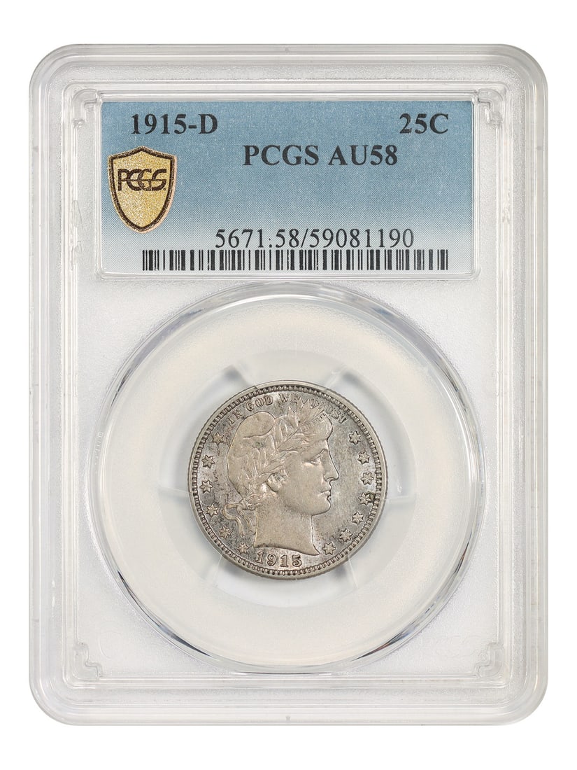 Barber Quarter 1915-D 25C PCGS AU58 Certified Coin: Barber Quarter 1915-D 25C PCGS AU58 Certified Coin 1915-D Barber Quarter certified by PCGS in AU58 condition. This pre-owned, circulated 25C coin was struck in Denver. Specifications Denomination: 25C