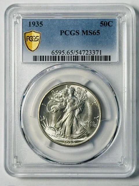 PCGS MS-65 1935 Walking Liberty Half Dollar Philadelphia: PCGS MS-65 1935 Walking Liberty Half Dollar Philadelphia 1935 Walking Liberty Half Dollar certified by PCGS and graded MS-65. This silver 50C coin was struck in Philadelphia and is offered in pre-owne