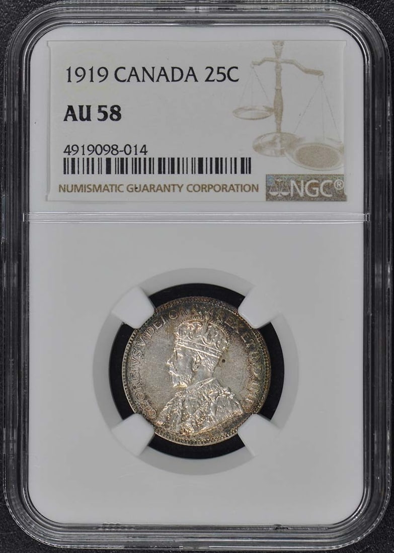 1919 Canada 25 Cent Coin NGC AU58 Certified: 1919 Canada 25 Cent Coin NGC AU58 Certified This 1919 Canada 25-Cent coin is certified by NGC with a grade of AU58, indicating it has been circulated but remains in excellent condition. The coin featu