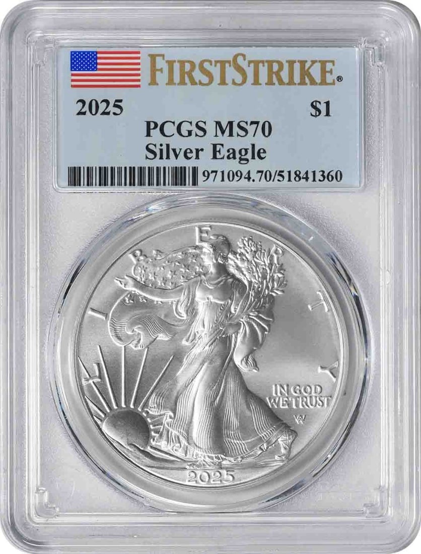 PCGS First Strike MS70 2025 American Silver Eagle 1 oz Dollar Coin: PCGS First Strike MS70 2025 American Silver Eagle 1 oz Dollar Coin 2025 American Silver Eagle $1 coin certified by PCGS and graded MS70 with a First Strike designation. This pre-owned silver bullion c