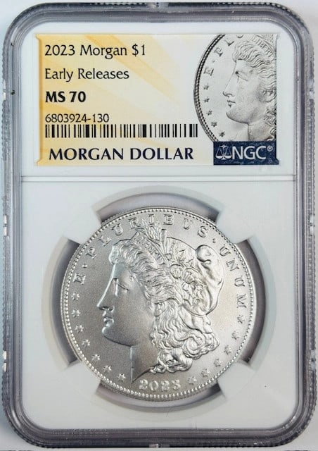 NGC Graded 2023 Silver Morgan Dollar MS70 Early Release: NGC Graded 2023 Silver Morgan Dollar MS70 Early Release This 2023 Modern Morgan Dollar is a certified silver coin graded MS 70 by NGC, indicating a flawless, uncirculated condition. It is part of the 
