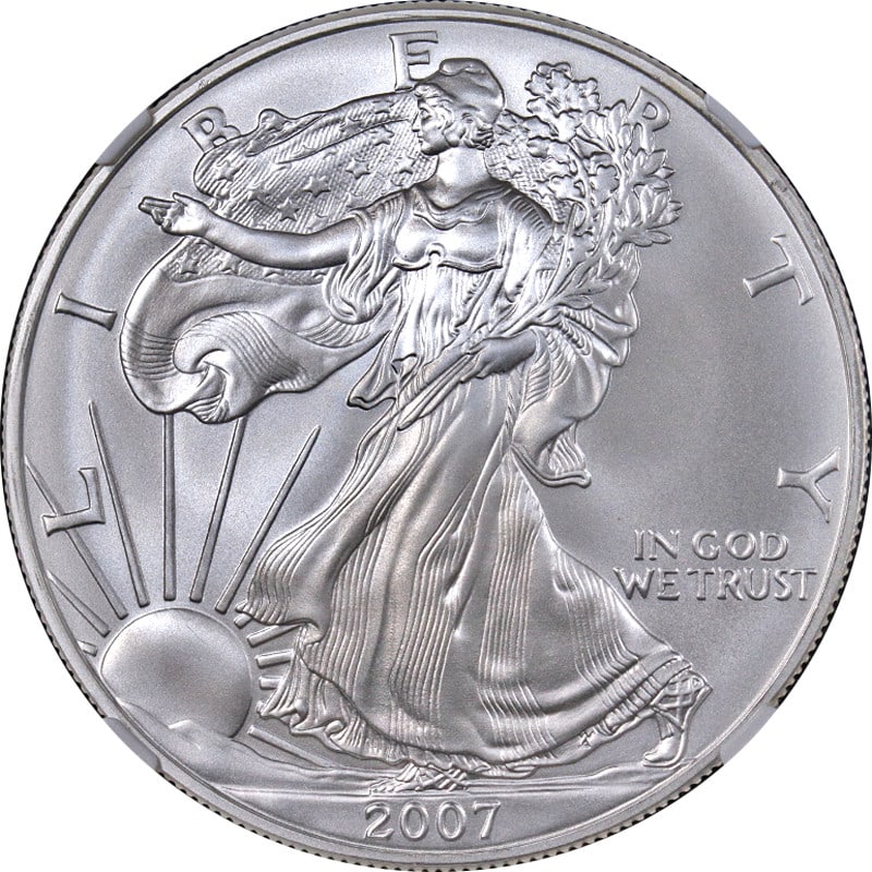 2007 NGC MS70 Silver Eagle Dollar Brown Label Uncirculated Coin: 2007 NGC MS70 Silver Eagle Dollar Brown Label Uncirculated Coin This is an original 2007 Silver American Eagle $1 coin, certified by NGC with a perfect MS70 grade and Brown Label. The coin is composed