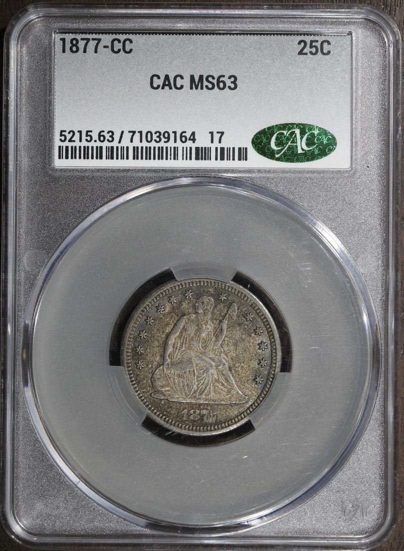 Carson City 1877 Seated Liberty Quarter 25C MS63 CACG: Carson City 1877 Seated Liberty Quarter 25C MS63 CACG 1877-CC Seated Liberty Quarter graded MS63 by CAC Grading (CACG). This 25C silver coin was minted in Carson City and originates from the United St