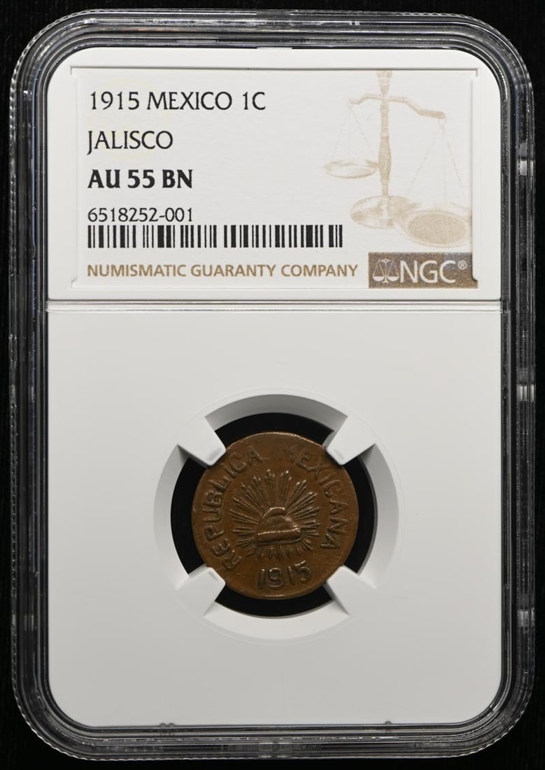 Mexico Jalisco 1915 1C Coin NGC AU55BN KM-675 GB-239: Mexico Jalisco 1915 1C Coin NGC AU55BN KM-675 GB-239 1915 Mexico Jalisco 1 centavo coin, cataloged as KM-675 and GB-239. This circulated, pre-owned example is certified by NGC and graded AU55BN. Speci