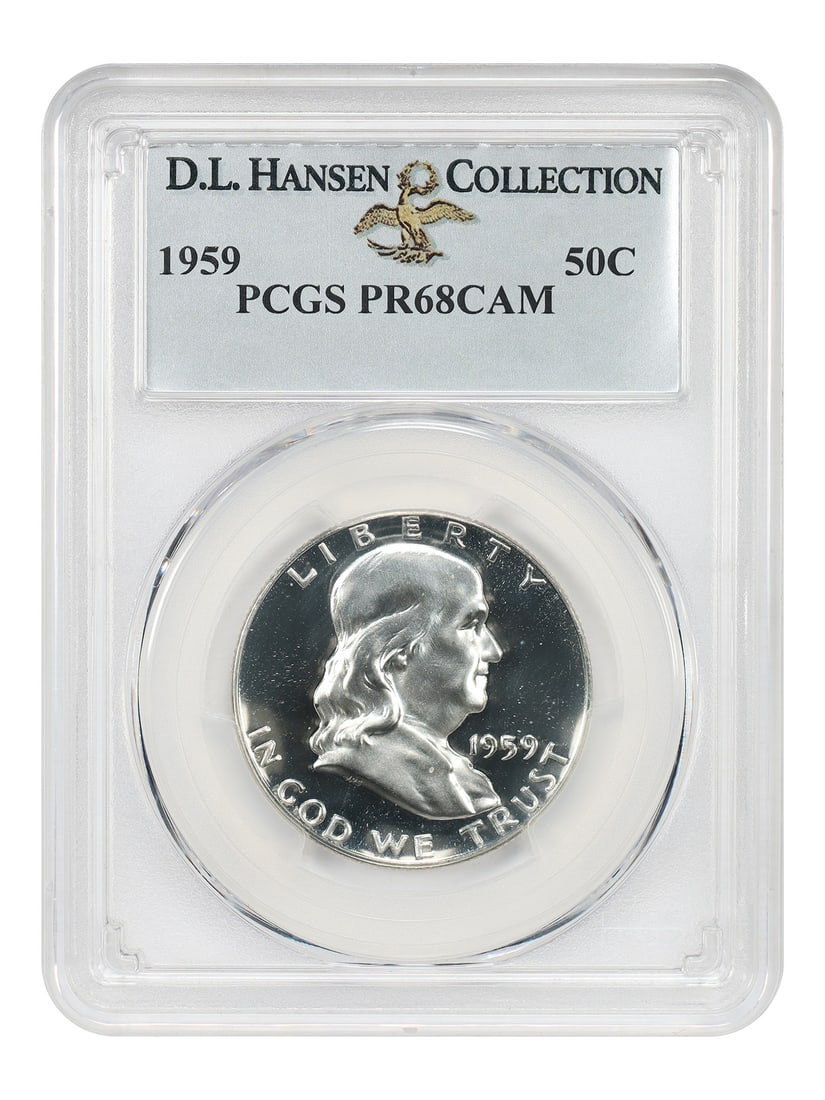 Franklin Half Dollar 1959 50C PCGS PR68CAM ex D.L. Hansen: Franklin Half Dollar 1959 50C PCGS PR68CAM ex D.L. Hansen 1959 Franklin Half Dollar certified by PCGS as PR68CAM. This uncirculated proof example features brilliant mirrored fields with strong contras