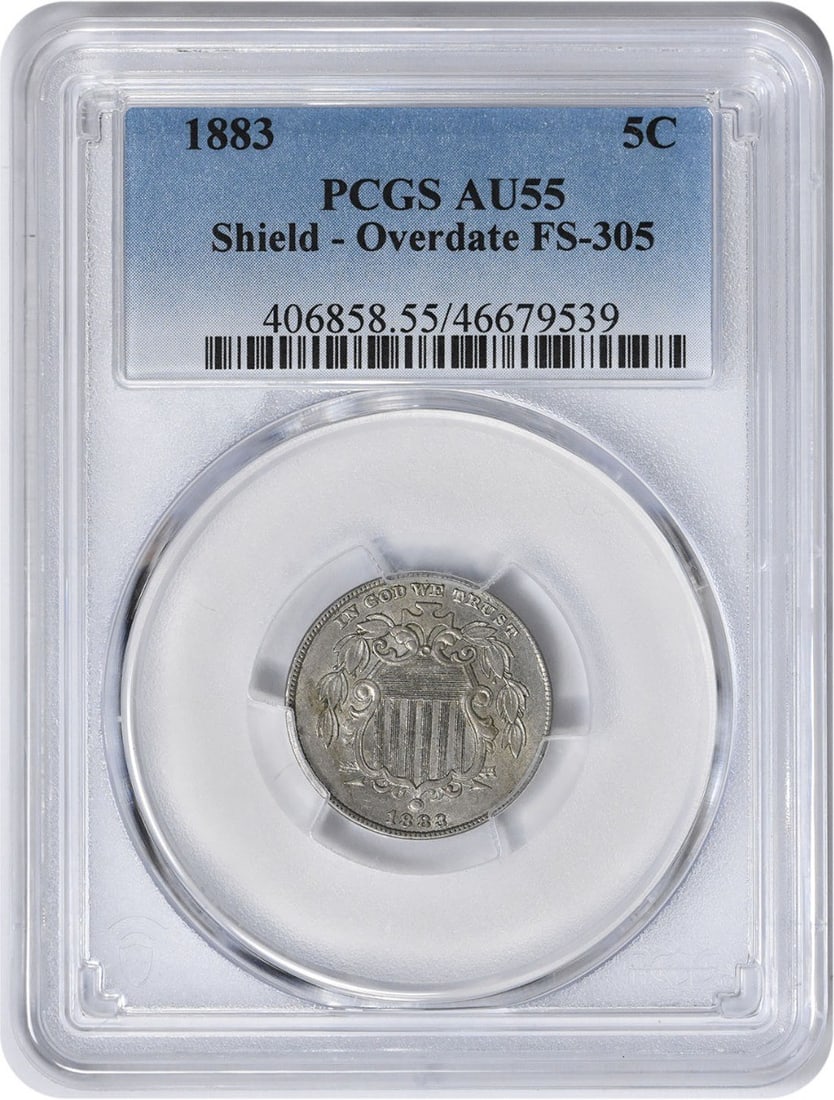 PCGS AU55 1883 Shield Nickel FS-305 Overdate: PCGS AU55 1883 Shield Nickel FS-305 Overdate This 1883 Shield Nickel features the FS-305 overdate variety and has been graded AU55 by PCGS. Struck in Philadelphia, this pre-owned coin was designed by 