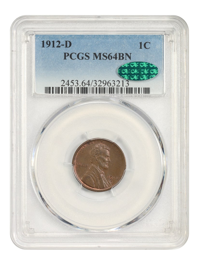 PCGS CAC 1912-D Lincoln Wheat Cent 1C MS64BN Denver Mint: PCGS CAC 1912-D Lincoln Wheat Cent 1C MS64BN Denver Mint Pre-owned 1912-D Lincoln Cent with Wheat Reverse, certified by PCGS and bearing a CAC designation. This better D-Mint issue is an uncirculated 