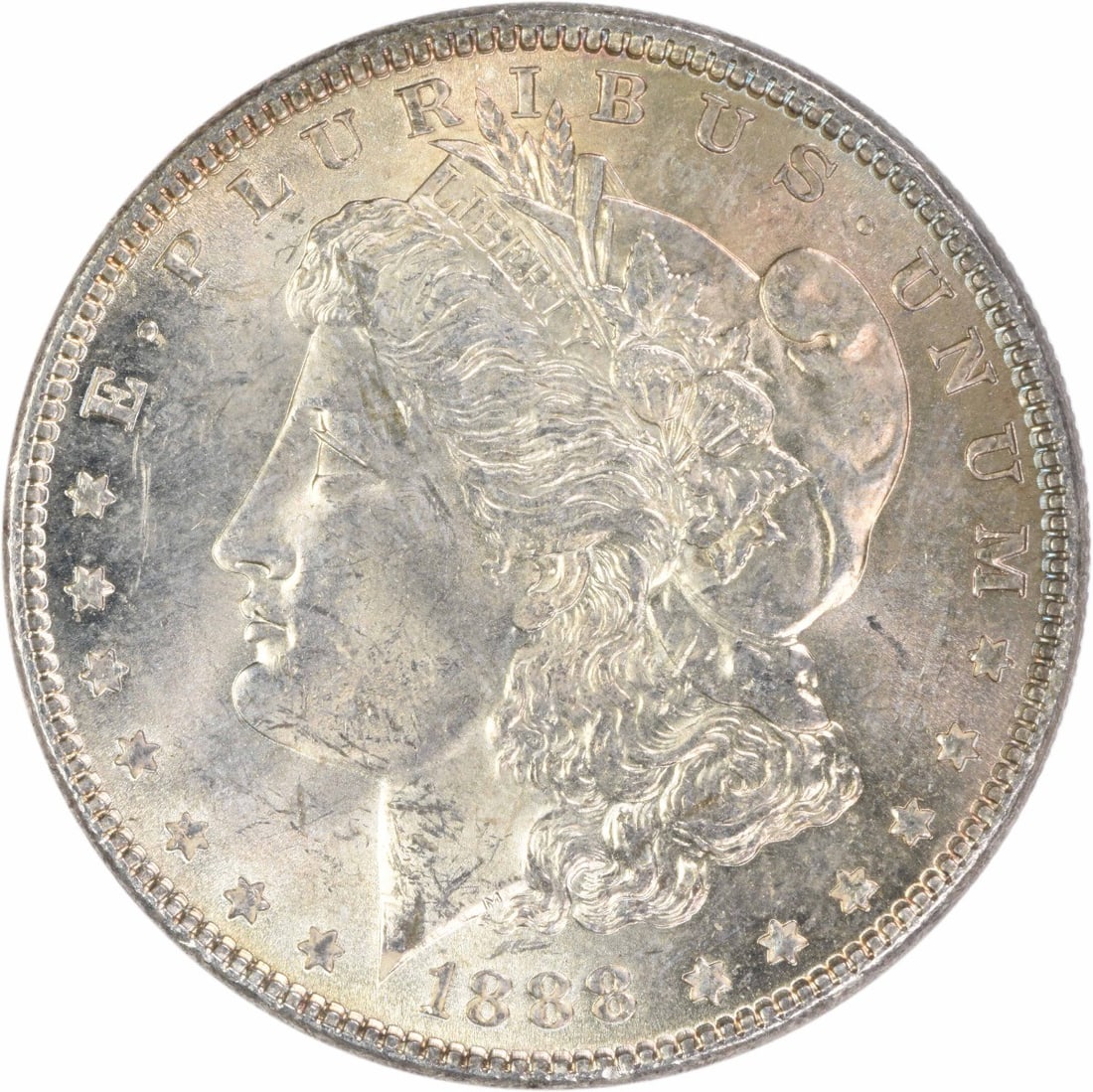 1888 Uncirculated Morgan Silver Dollar $1 Uncertified: 1888 Uncirculated Morgan Silver Dollar $1 Uncertified An 1888 Morgan Silver Dollar in uncirculated condition, certified as uncertified and graded MS60. This United States $1 coin features the Morgan d