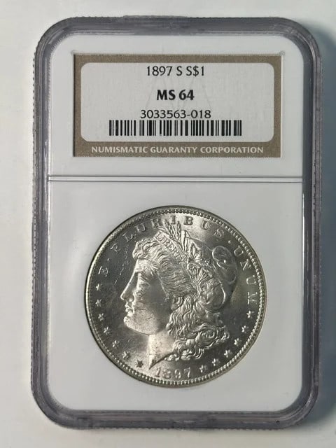 NGC MS-64 1897 S Morgan Silver Dollar: NGC MS-64 1897 S Morgan Silver Dollar 1897 Morgan Silver Dollar certified by NGC and graded MS 64. This pre-owned coin is composed of silver and was minted in San Francisco, USA. Specifications Coin T