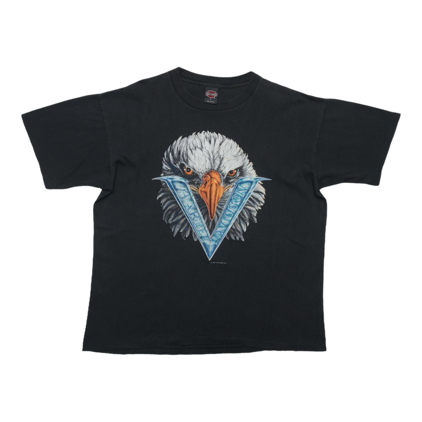 Vintage Harley Davidson Eagle V Cotton Graphic Tee 1993: Vintage Harley Davidson Eagle V Cotton Graphic Tee 1993 This is an original vintage 1993 Harley Davidson Eagle V graphic shirt featuring both front and back graphics. The shirt is made from 100% cotto