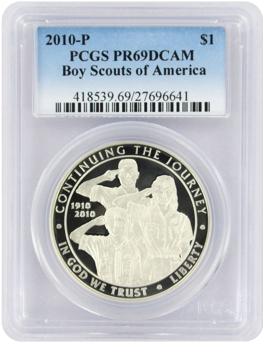 PCGS PR69DCAM 2010-P Boy Scouts America Silver Dollar Proof Coin: PCGS PR69DCAM 2010-P Boy Scouts America Silver Dollar Proof Coin This 2010-P Boy Scouts of America Silver Commemorative Dollar is a proof coin issued by the United States Mint to honor the centennial 