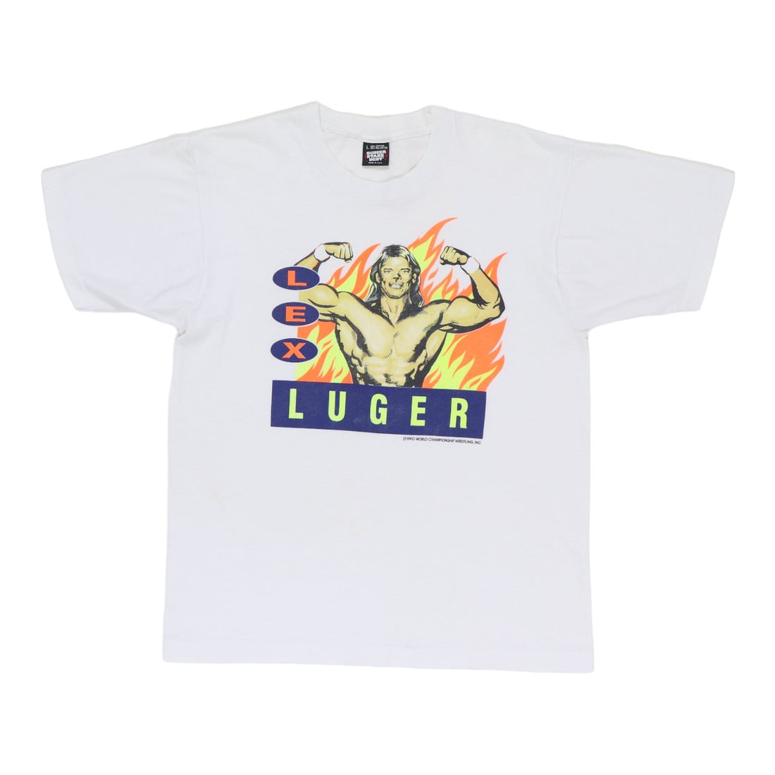 Vintage 1990 WCW Lex Luger Graphic White T Shirt Size Large: Vintage 1990 WCW Lex Luger Graphic White T Shirt Size Large This is an original vintage 1990 Lex Luger WCW shirt featuring front and back graphics. It is a true vintage piece from the 1990s and not a 