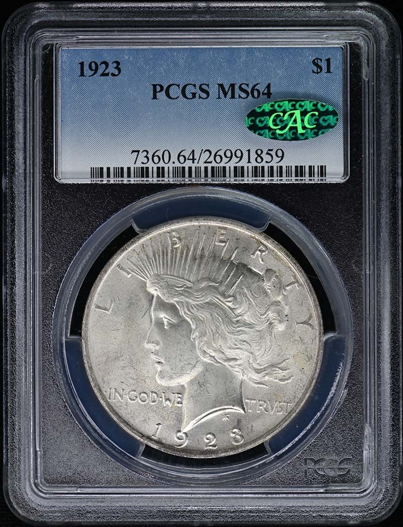 1923 $1 Peace Dollar PCGS MS64 CAC Certified Uncirculated: 1923 $1 Peace Dollar PCGS MS64 CAC Certified Uncirculated This 1923 Peace Dollar, graded MS64 by PCGS (Certification Number: 26991859), is a stunning example of American coinage. With an uncirculated 