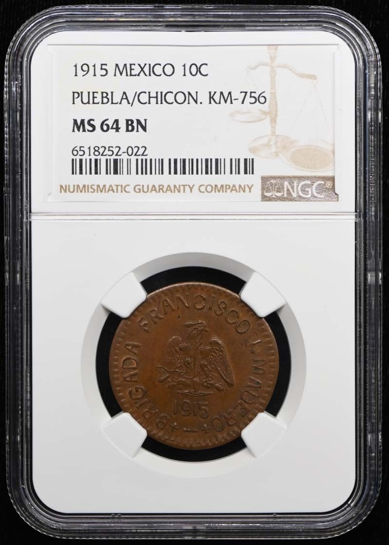 Mexico 1915 Puebla Chicon 10C KM-756 GB-382 NGC MS64BN: Mexico 1915 Puebla Chicon 10C KM-756 GB-382 NGC MS64BN 1915 Mexico Puebla/Chicon 10 centavos coin certified by NGC. This pre-owned example is listed as uncirculated and graded MS64BN. Specifications I