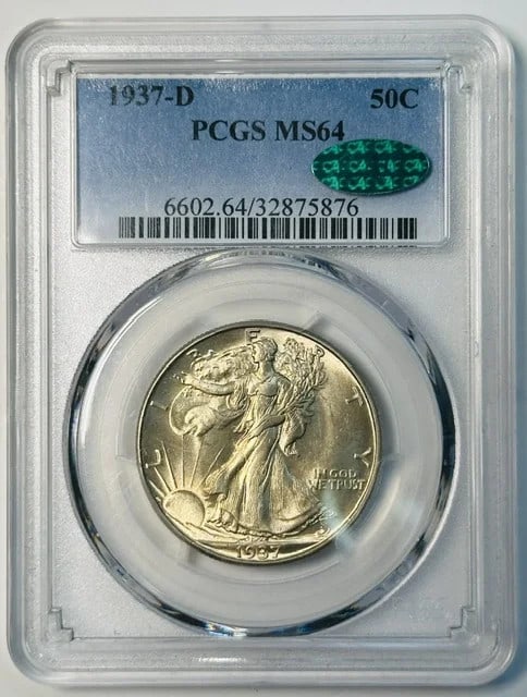 PCGS MS-64 CAC 1937-D Walking Liberty Silver Half Dollar: PCGS MS-64 CAC 1937-D Walking Liberty Silver Half Dollar 1937-D Walking Liberty Half Dollar certified by PCGS and CAC. This silver coin is graded MS-64 and is offered in pre-owned condition. Specifica
