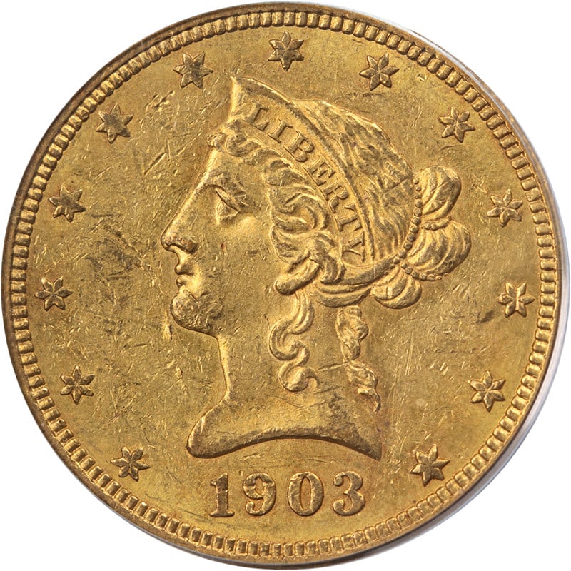 1903 O Liberty Head $10 Gold PCGS MS60: 1903 O Liberty Head $10 Gold PCGS MS60 This 1903-O Liberty Gold $10 coin is graded MS60 by PCGS and comes in an Old Green Holder (OGH). It features attractive luster, a strong strike, and appealing su