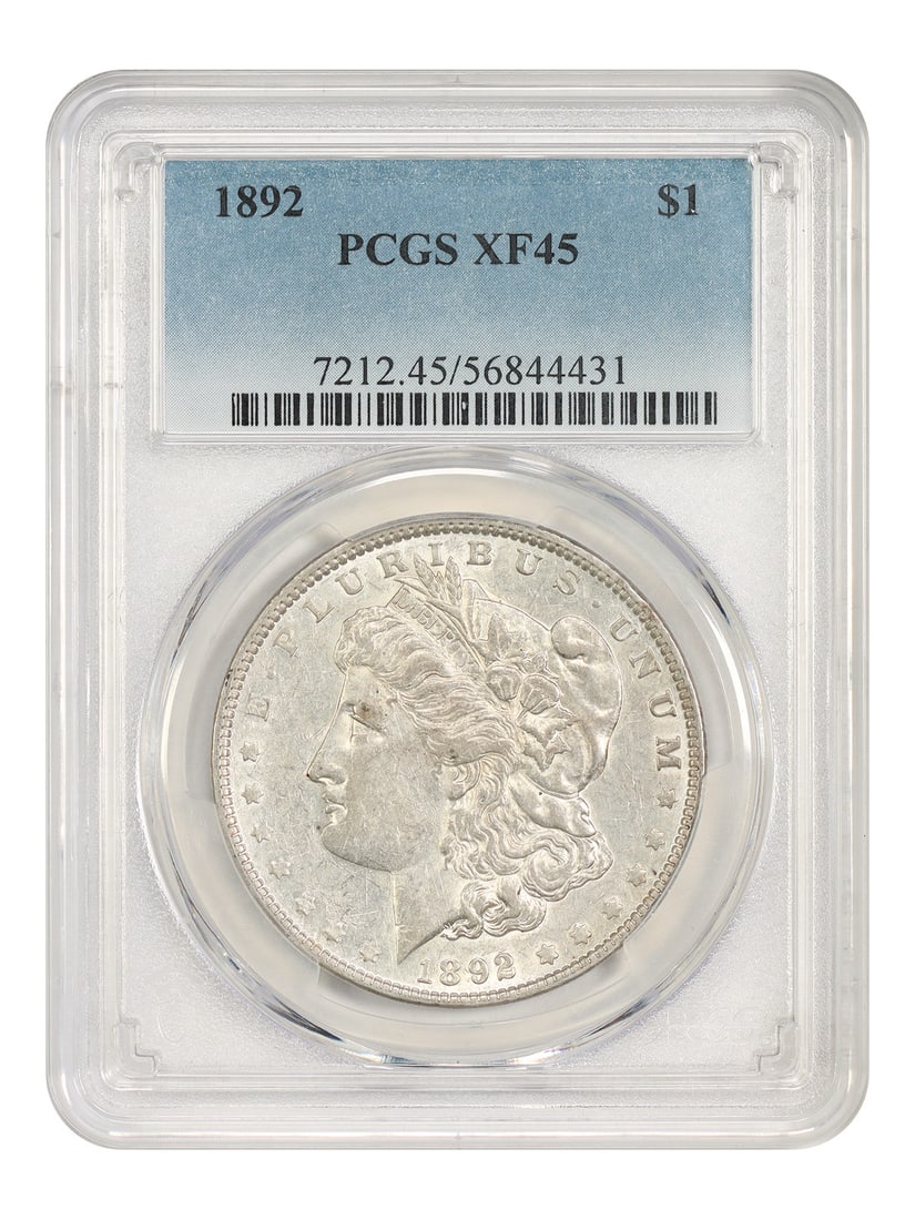 1892 Philadelphia Morgan Dollar $1 PCGS XF45 Better Date: 1892 Philadelphia Morgan Dollar $1 PCGS XF45 Better Date 1892 Morgan Dollar, denomination $1, certified by PCGS and graded XF45. This circulated coin was struck at the Philadelphia Mint and is identif