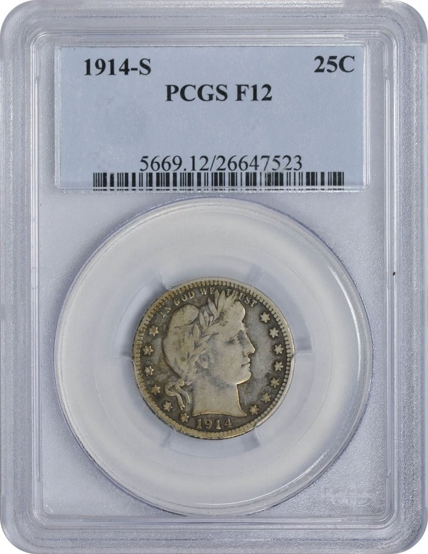 PCGS F12 1914 San Francisco Barber Quarter 90 Percent Silver: PCGS F12 1914 San Francisco Barber Quarter 90 Percent Silver This 1914-S Barber Quarter is a circulated coin graded F12 by PCGS. Minted in San Francisco, it features a composition of 90% silver and 10