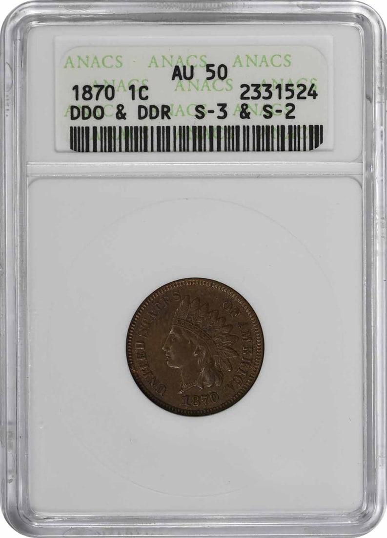 ANACS AU50 1870 Indian Head Cent Copper DDO DDR: ANACS AU50 1870 Indian Head Cent Copper DDO DDR This is an 1870 Indian Head Cent graded AU50 by ANACS. The coin features both a doubled die obverse (DDO) and doubled die reverse (DDR), identified as S