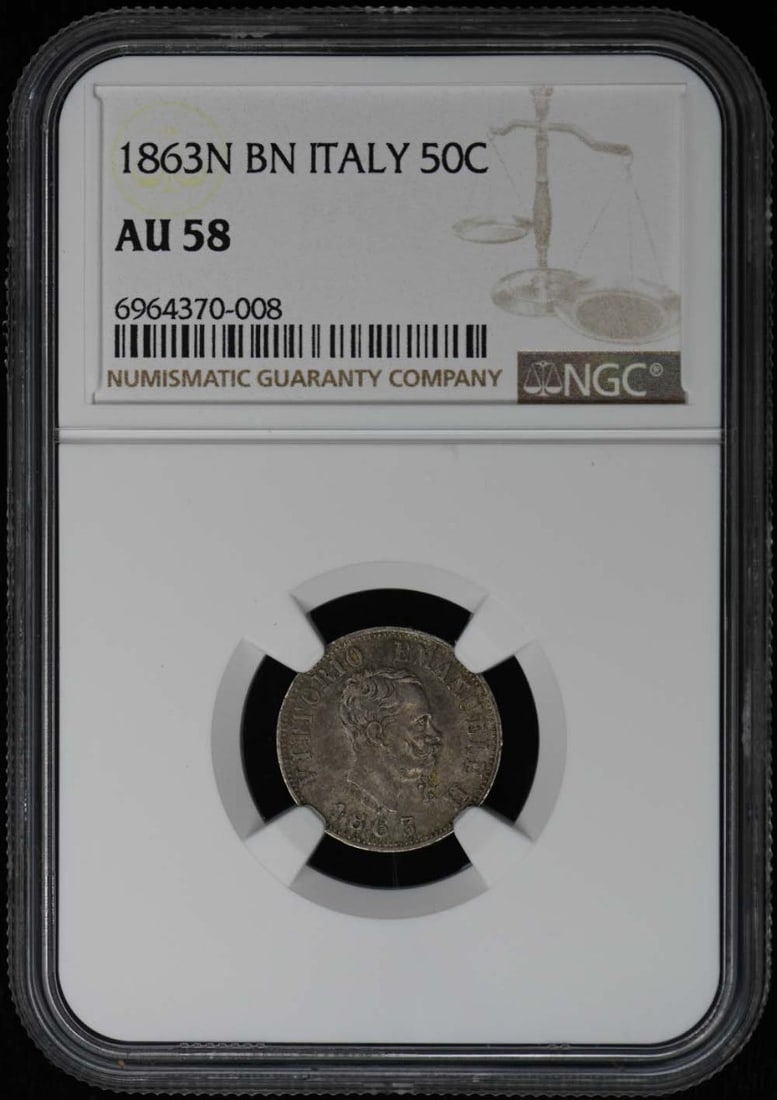 1863 Italy 50 Centesimi Coin NGC AU58 Certified: 1863 Italy 50 Centesimi Coin NGC AU58 Certified This 1863 Italy 50 Centesimi coin is a remarkable piece of history, certified by NGC with a grade of AU58. It showcases the beauty of Italian numismatic