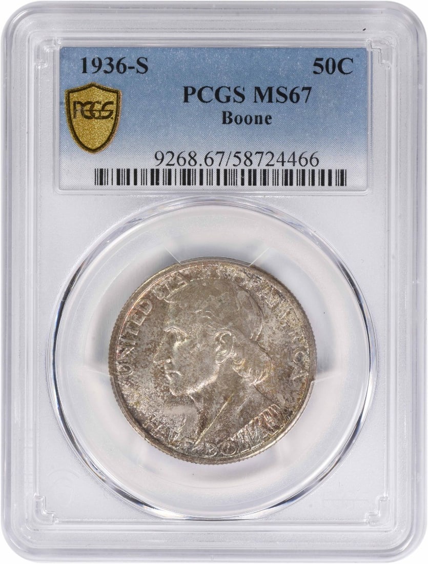 1936-S Boone Silver Half Dollar PCGS MS67 San Francisco Commemorative: 1936-S Boone Silver Half Dollar PCGS MS67 San Francisco Commemorative This is a 1936-S Boone Commemorative Silver Half Dollar graded MS67 by PCGS. Struck at the San Francisco Mint, this uncirculated c