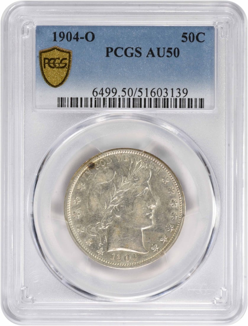 1904-O Barber Half Dollar AU50 PCGS 90% Silver New Orleans Coin: 1904-O Barber Half Dollar AU50 PCGS 90% Silver New Orleans Coin This 1904-O Barber Silver Half Dollar is a notable piece certified by PCGS, showcasing a grade of AU (About Uncirculated). Minted in New