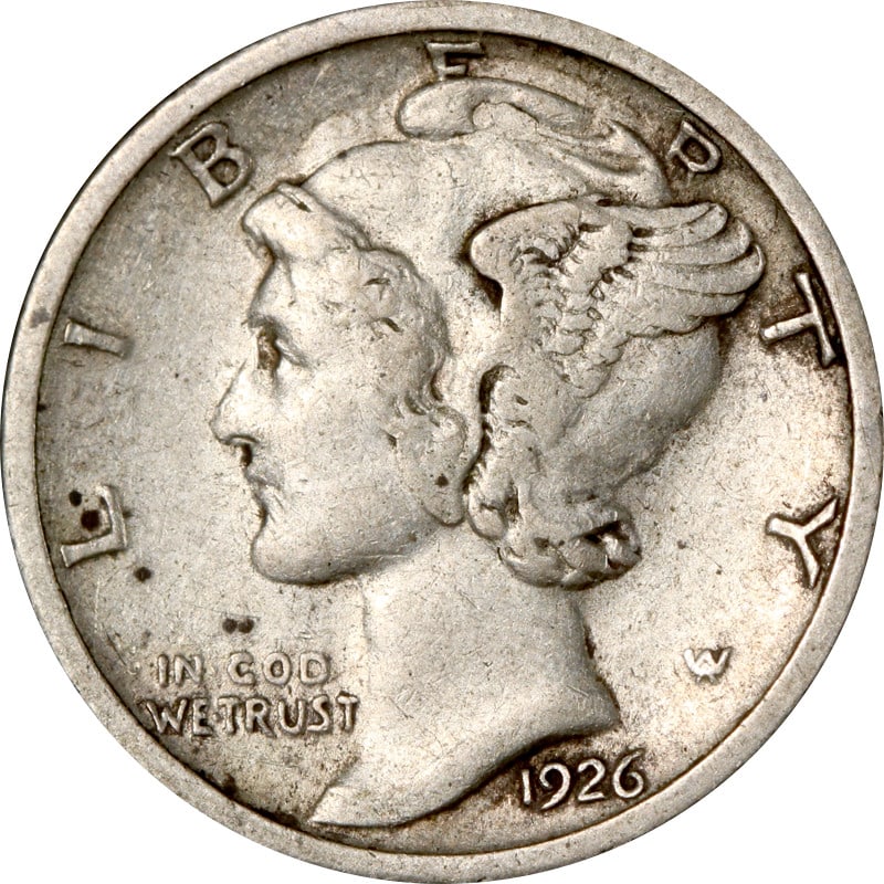 United States 1926 S Silver Mercury Dime Coin: United States 1926 S Silver Mercury Dime Coin A 1926-S Mercury Dime from the United States, offered in circulated condition. The coin is composed of silver with 0.9 fineness and is listed as pre-owned