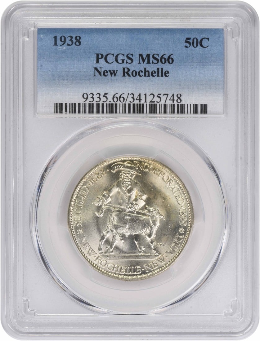 1938 Silver Half Dollar New Rochelle PCGS MS66 Commemorative Coin: 1938 Silver Half Dollar New Rochelle PCGS MS66 Commemorative Coin This 1938 New Rochelle Commemorative Half Dollar is a United States coin minted in Philadelphia. Graded MS66 by PCGS, it is composed o