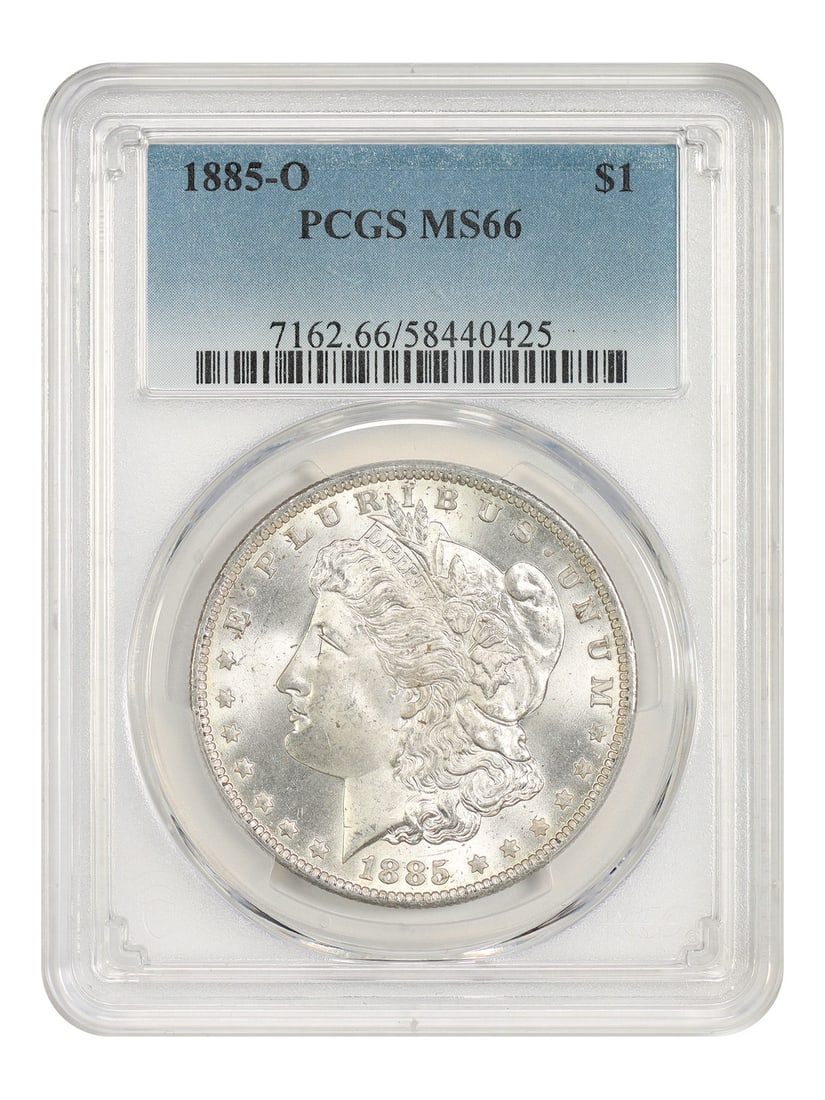 PCGS MS66 1885 O Morgan Silver Dollar $1 New Orleans Mint: PCGS MS66 1885 O Morgan Silver Dollar $1 New Orleans Mint 1885-O Morgan Dollar $1 certified by PCGS as MS66. This uncirculated New Orleans Mint issue is a popular O-mint Morgan Dollar with a mintage o