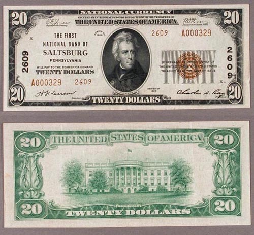 1929 T-2 $20 National Bank Note Saltsburg Pennsylvania AU: 1929 T-2 $20 National Bank Note Saltsburg Pennsylvania AU This 1929 T-2 $20 National Bank Note from Saltsburg, Pennsylvania, is graded AU (About Uncirculated), indicating it has been well preserved wi