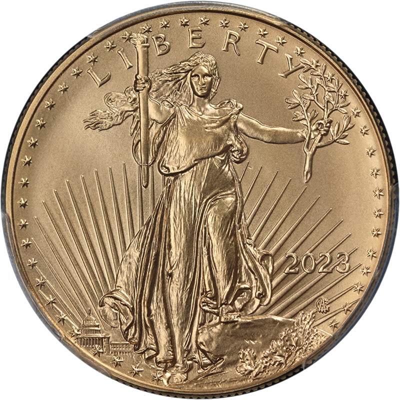 2023 $50 Gold Eagle PCGS MS70 1st Strike General Casey Signed Label: 2023 $50 Gold Eagle PCGS MS70 1st Strike General Casey Signed Label This is a 2023 Gold American Eagle $50 coin, graded PCGS MS70 and designated as a First Strike. The coin features a label autographe