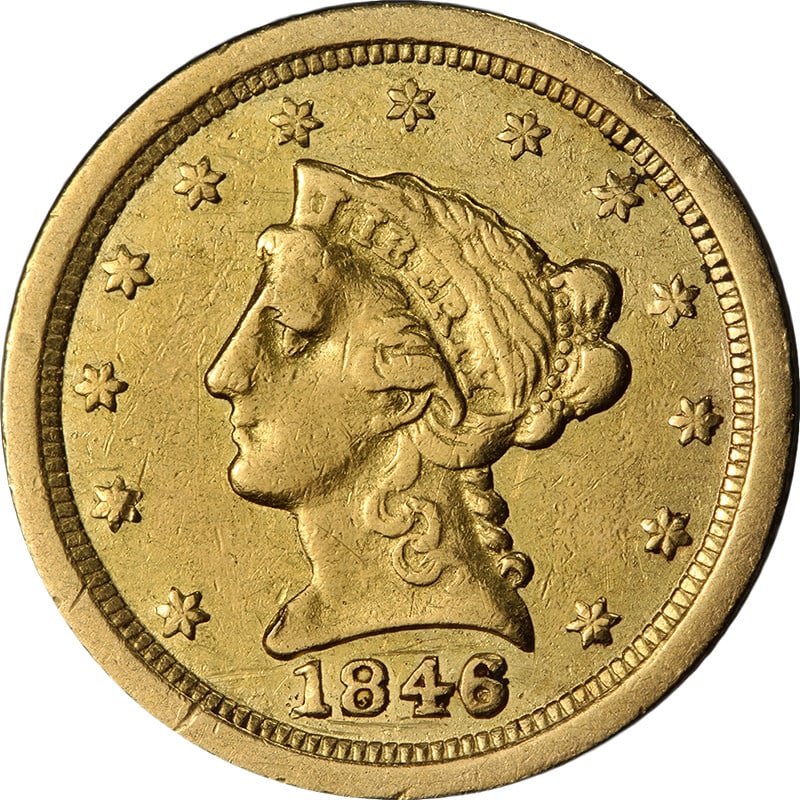 1846 O Liberty Quarter Eagle Gold Coin VF: 1846 O Liberty Quarter Eagle Gold Coin VF 1846-O Liberty Gold $2.50 coin with a Nice VF grade, noted for decent eye appeal and a nice strike. This circulated pre-owned coin has been lightly cleaned in