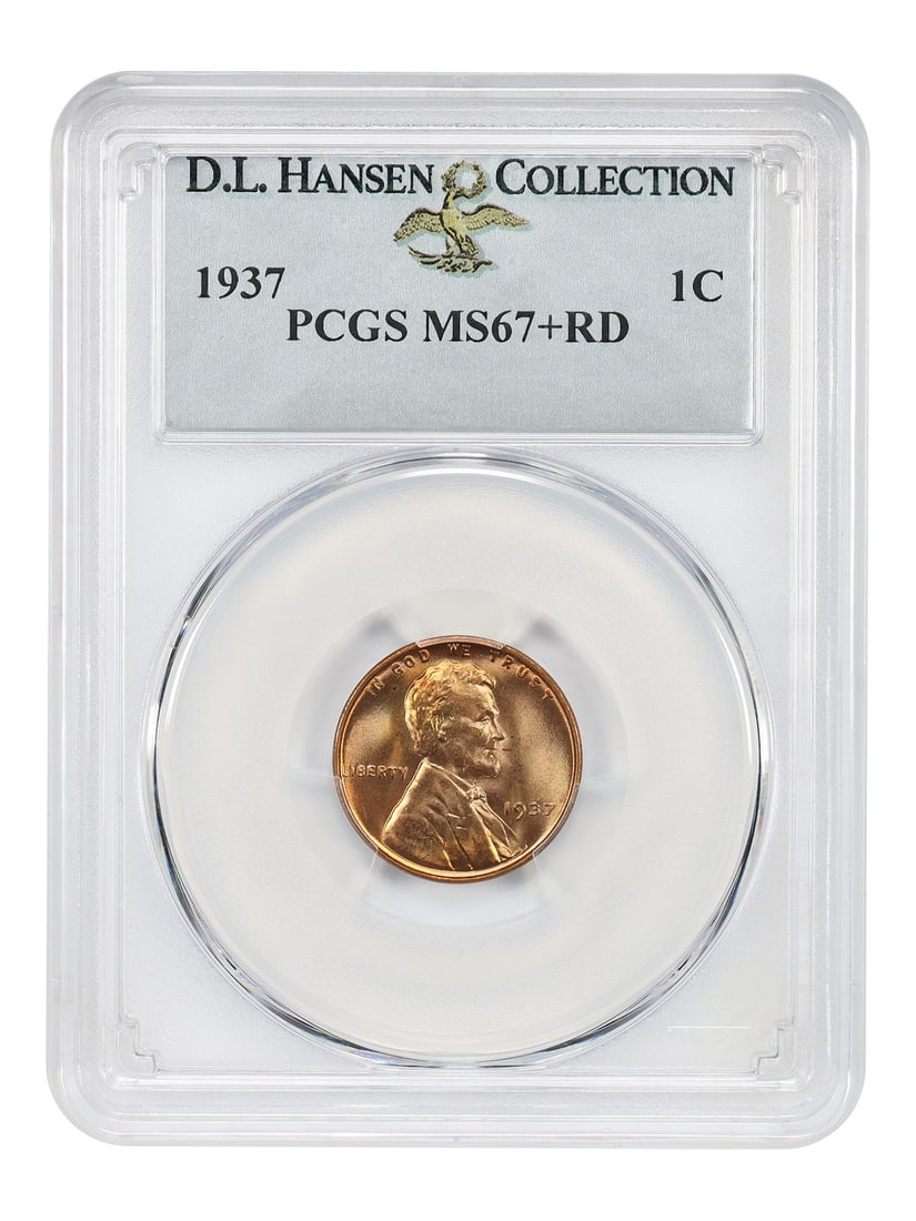 PCGS MS67+ RD 1937 Lincoln Wheat Cent ex D.L. Hansen: PCGS MS67+ RD 1937 Lincoln Wheat Cent ex D.L. Hansen 1937 Lincoln Cent with Wheat Reverse, certified by PCGS as MS67+RD. This uncirculated example features yellow-gold mint red coloration and nice eye
