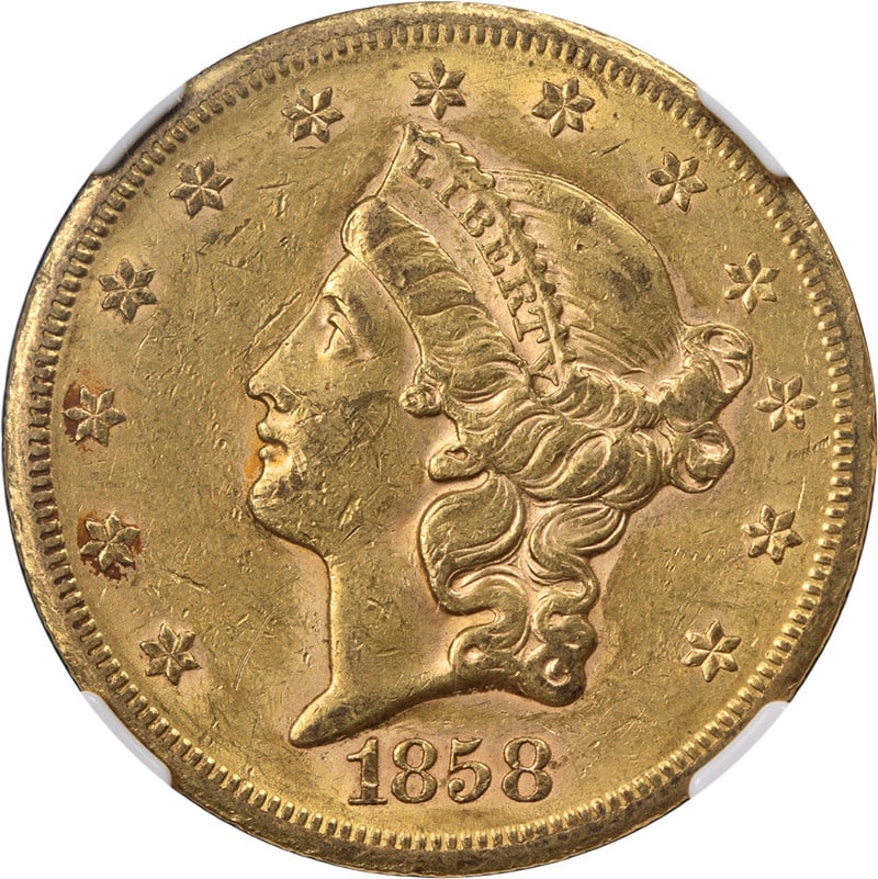 NGC AU53 1858-S Liberty $20 Gold Double Eagle: NGC AU53 1858-S Liberty $20 Gold Double Eagle This 1858-S Type 1 Liberty Gold $20 coin is graded AU53 by NGC and features attractive eye appeal, strong luster, and a well-executed strike. The coin dis