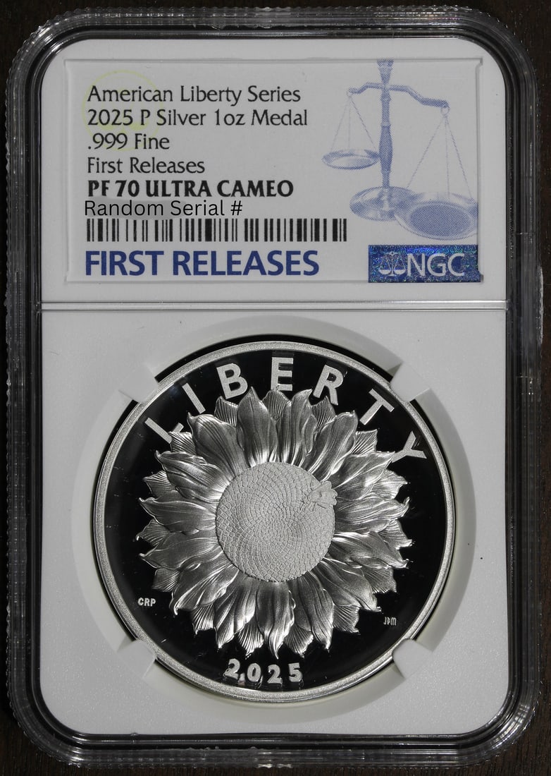 NGC PR70 2025-P 1 oz Silver American Liberty Medal SunFlower: NGC PR70 2025-P 1 oz Silver American Liberty Medal SunFlower This 2025-P High Relief Silver American Liberty Medal features a proof strike and contains 1 oz of .999 fine silver. Graded PR70 by NGC, th
