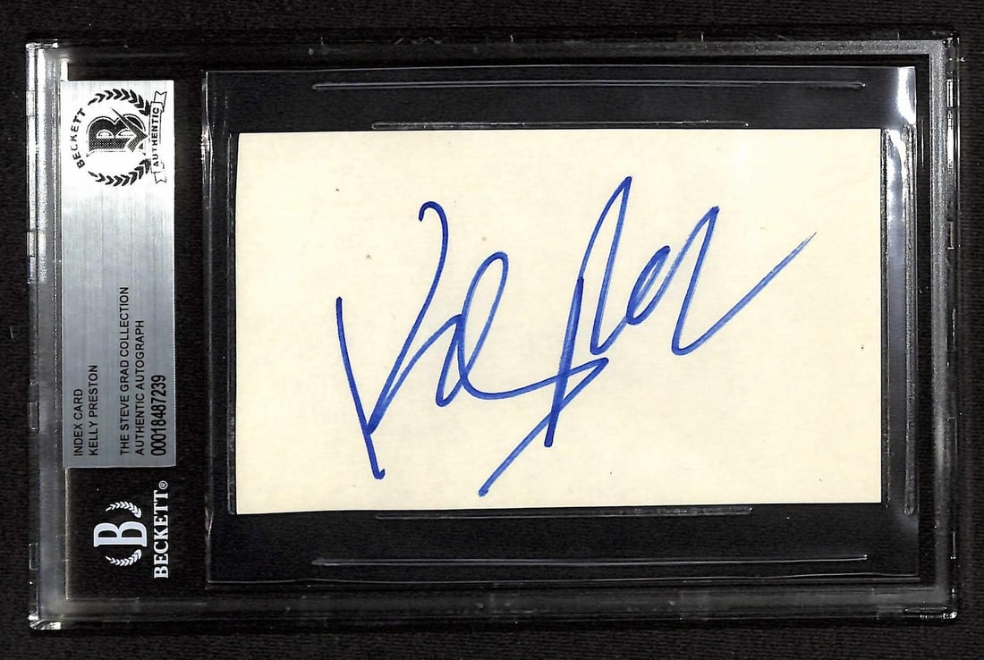 Beckett Authenticated Kelly Preston Signed 5x7 Index Card: Beckett Authenticated Kelly Preston Signed 5x7 Index Card This is a 5x7 index card hand-signed by actress Kelly Preston. The autograph is authenticated and encapsulated by Beckett Authentication Servi