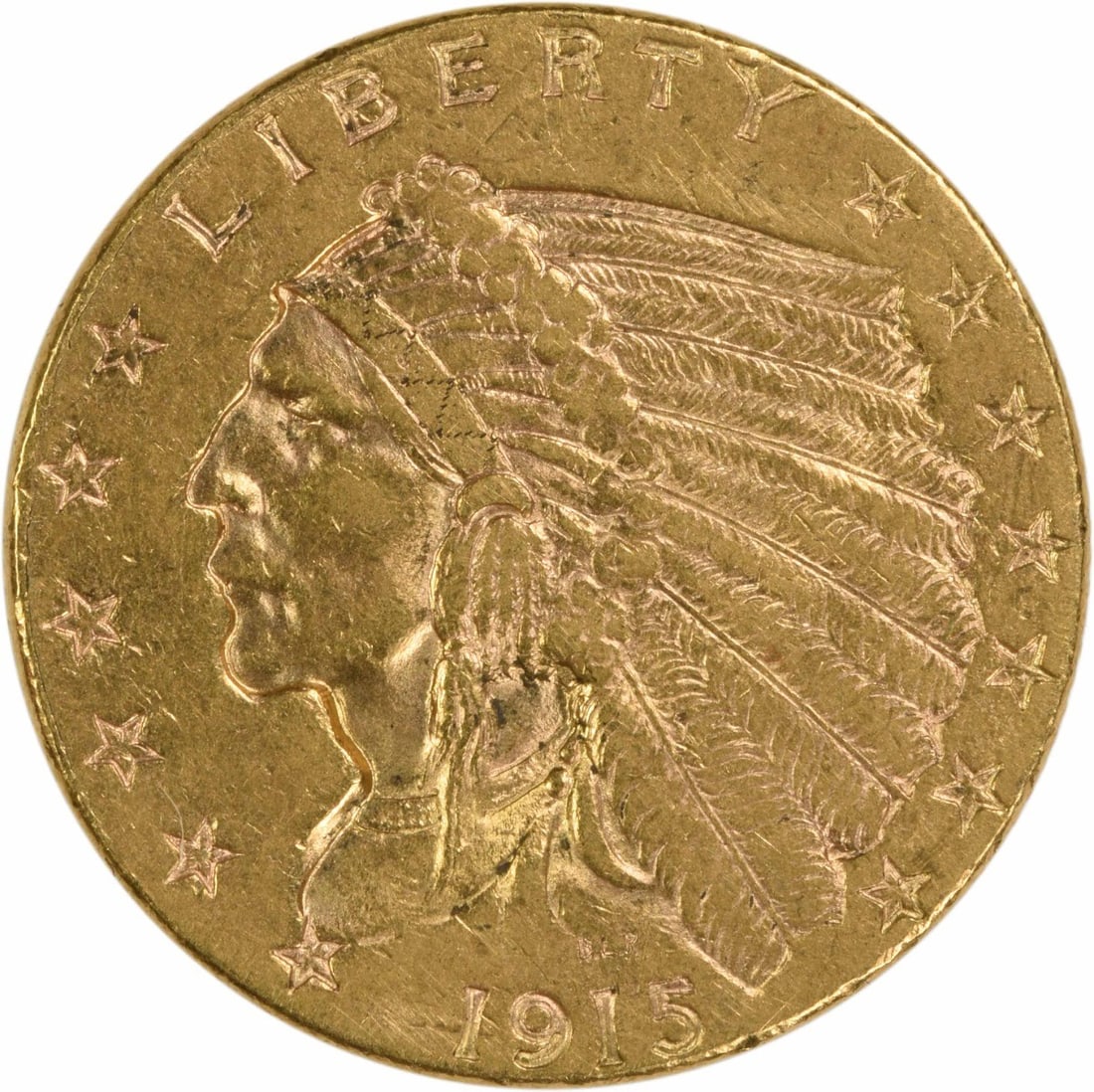 1915 $2.50 Gold Indian Coin AU Uncertified Philadelphia Mint: 1915 $2.50 Gold Indian Coin AU Uncertified Philadelphia Mint This 1915 $2.50 Gold Indian coin features the iconic design by Bela Lyon Pratt. It is classified as AU (About Uncirculated) and is certifie