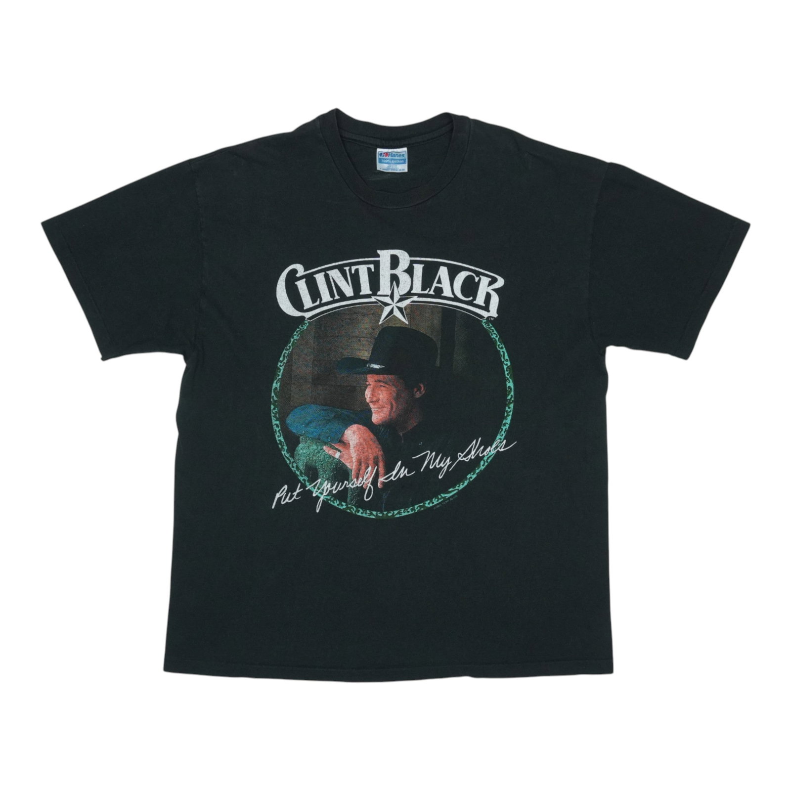 Vintage 1991 Clint Black Tour Graphic Black Cotton T-Shirt Extra Large: Vintage 1991 Clint Black Tour Graphic Black Cotton T-Shirt Extra Large This is an original vintage 1991 Clint Black "Put Yourself In My Shoes" shirt featuring front and back graphics. Made from 100% c