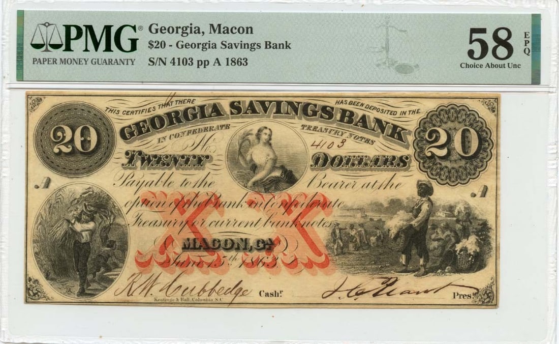 PMG AU58 EPQ 1863 Georgia Savings Bank Macon GA $20 Obsolete Note (1 of 2)