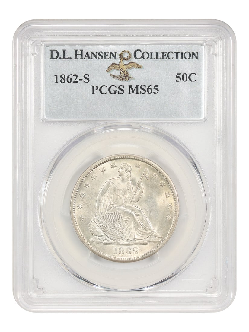 PCGS MS65 1862-S Liberty Seated Half Dollar 50C ex D.L. Hansen: PCGS MS65 1862-S Liberty Seated Half Dollar 50C ex D.L. Hansen 1862-S Liberty Seated Half Dollar certified PCGS MS65. This uncirculated example is described as a noteworthy survivor of this well-circu