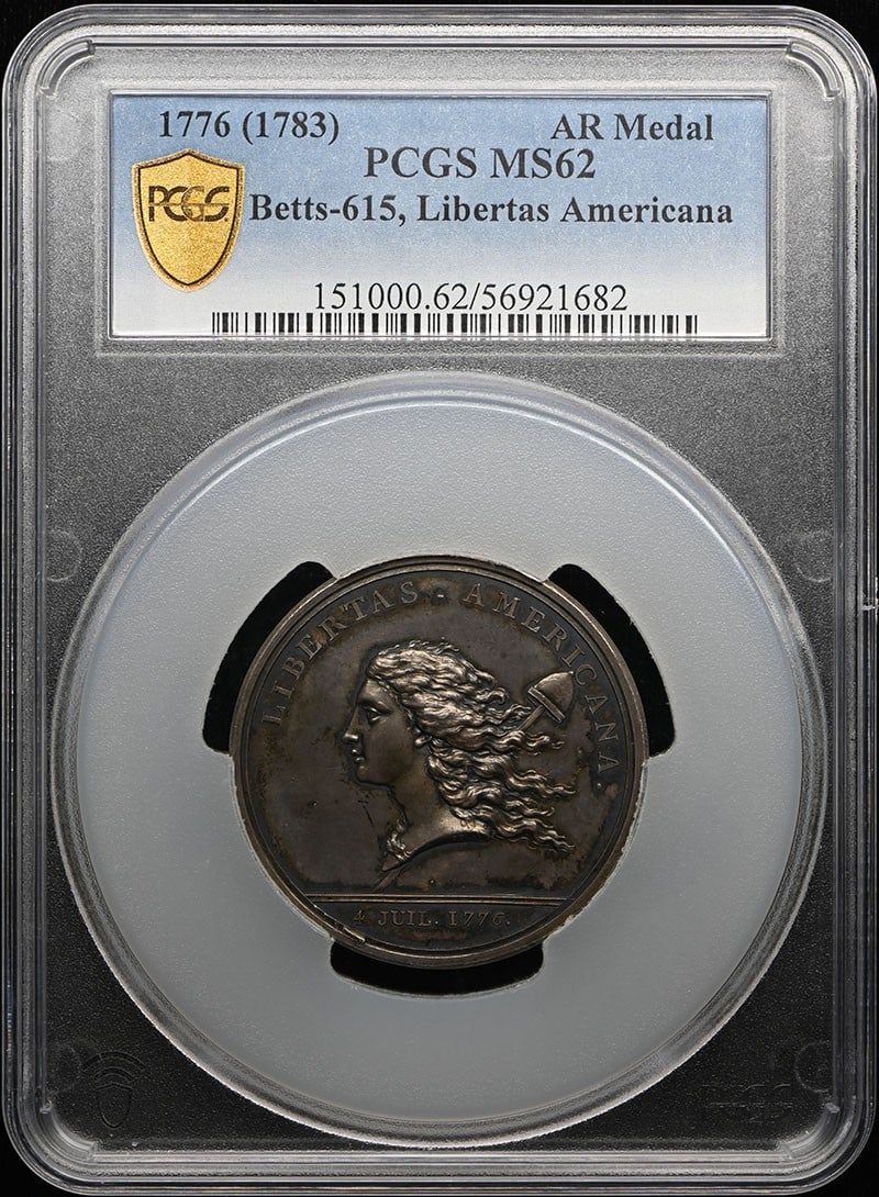 PCGS MS62 Libertas Americana AR Silver Medal Betts-615 1776 1783: PCGS MS62 Libertas Americana AR Silver Medal Betts-615 1776 1783 Libertas Americana AR silver medal dated 1776 (1783), cataloged as Betts-615 and graded PCGS MS62. This pre-owned example is listed as 