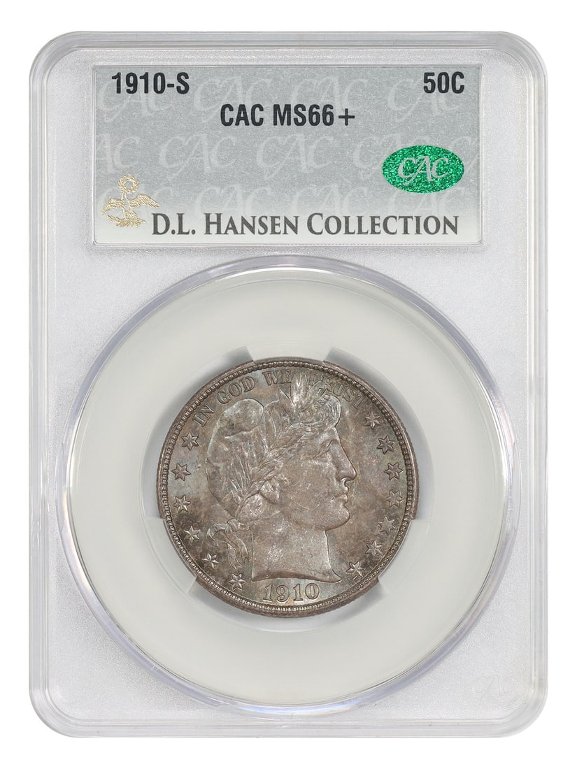 Barber Half Dollar 1910-S 50C CACG MS66+ ex D.L. Hansen: Barber Half Dollar 1910-S 50C CACG MS66+ ex D.L. Hansen 1910-S Barber Half Dollar certified by CACG in MS66+ uncirculated condition. This pre-owned coin is noted as ex: D.L. Hansen and features sharp,