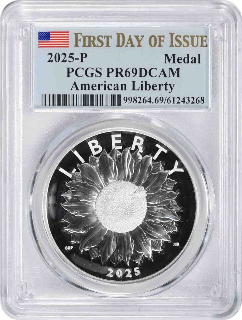 PCGS PR69DCAM 2025-P American Liberty Silver Medal First Day of Issue: PCGS PR69DCAM 2025-P American Liberty Silver Medal First Day of Issue 2025-P American Liberty Silver Medal graded PR69DCAM by PCGS. This uncirculated pre-owned medal is a First Day of Issue example fr